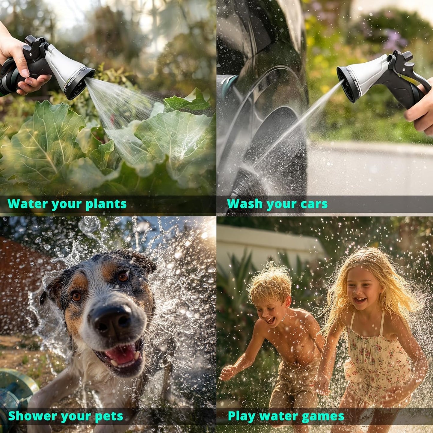 QUOBAS Metal Garden Hose Nozzle, Heavy Duty Water Hose Sprayer, Leak Proof | 10 Pattern Water Nozzle with Rubber Gasket, Garden Sprayer for Watering Plants, Washing Cars, Pet Shower, Blue