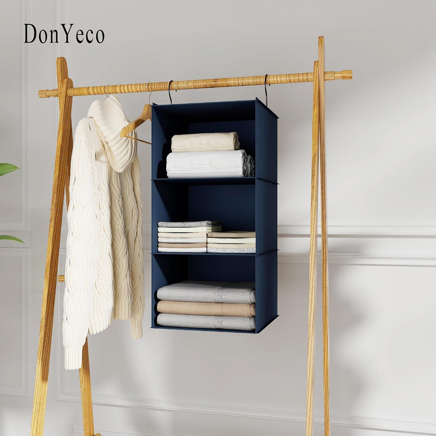 Hanging Closet Organizer 3-Shelf, Oxford Fabric Wardrobe Storage, Gray | Easy-mount foldable design holds clothes, handbags, shoes & accessories; washable Oxford fabric, sturdy and space-saving.