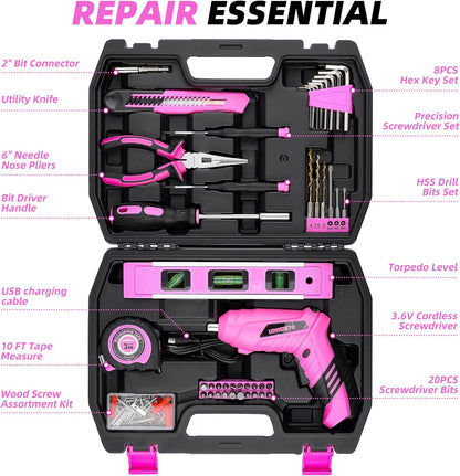 URASISTO 123 Piece Pink Household Tool Set with 3.6V USB Electric Screwdriver, Home Tool Kit with Cordless Lithium-ion Drill Driver, HandTool Kits for Women