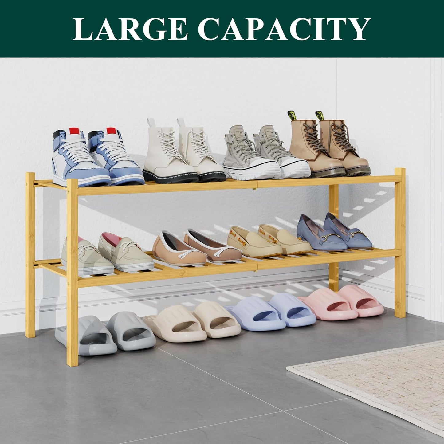 Smiry Bamboo Shoe Rack for Closet, 3 Tier Wooden Shoe Organizer, Stackable Wood Shoe Storage Shelf for Entryway, 14 Vertical Slats, One-piece Heavy-Duty Legs, 26.77"x11.02"x18.31", Natural