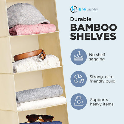 Handy Laundry Hanging Closet Organizer - 6 Shelf Storage for Clothes, Sweaters, Shoes & Accessories - Space-Saving Wardrobe Shelves with Hooks for Dorm, RV & Small Closet Organization (Beige)