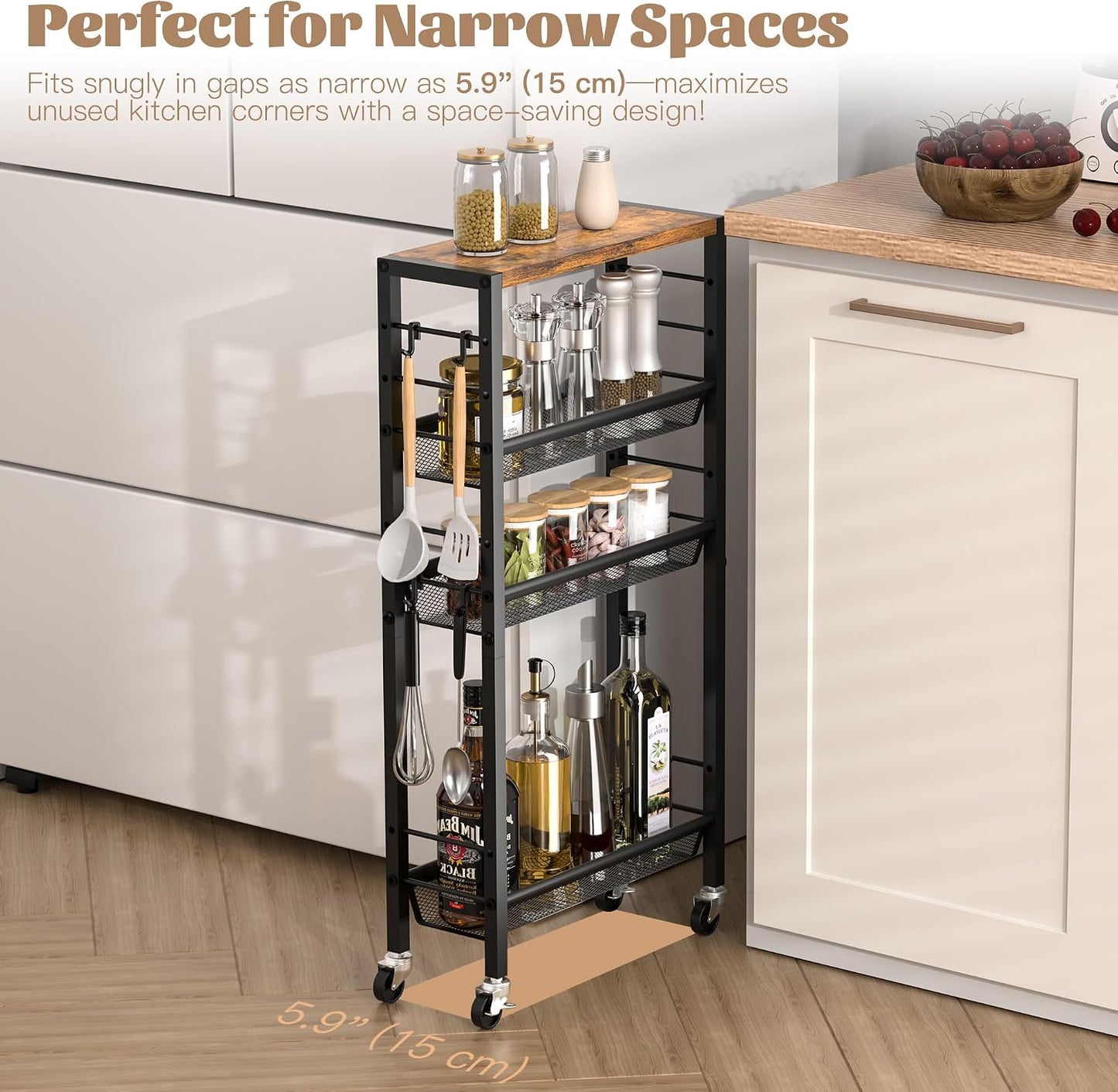 Narrow Storage Cart with Wheels,4-Tier Narrow Kitchen Carts Slim Rolling Cart,Skinny Storage Cart for Small Spaces,Rolling Utility Cart for Livingroom,Diningroom,Office,Laundry Room,Bathroom