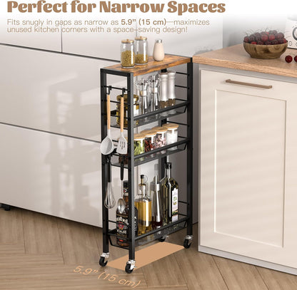 Narrow Storage Cart with Wheels,4-Tier Narrow Kitchen Carts Slim Rolling Cart,Skinny Storage Cart for Small Spaces,Rolling Utility Cart for Livingroom,Diningroom,Office,Laundry Room,Bathroom