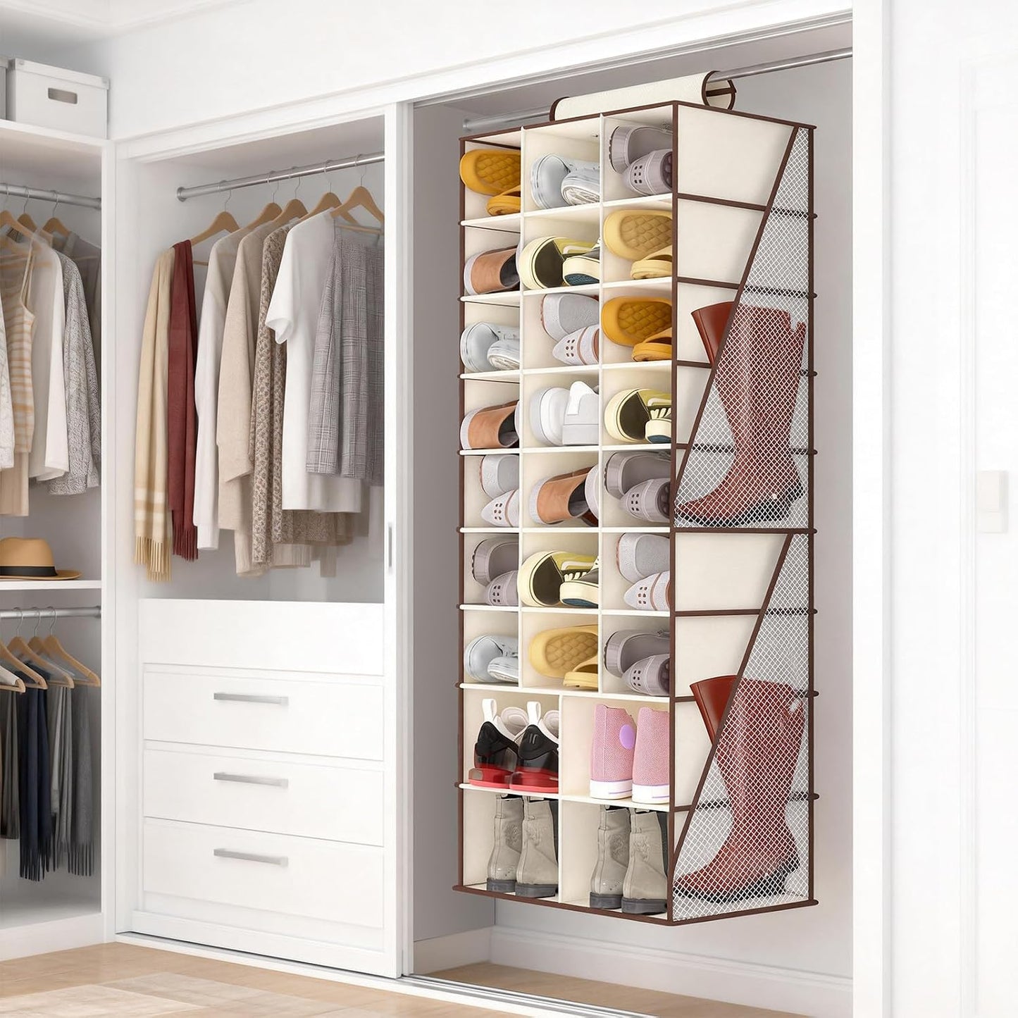Hanging Shoe Organizer for Closet with 8 Shelves,Mesh Pockets-Wider Hanging Shelves for Shoes,Clothes,Hats with Sturdy Bamboo-Supported Design (Beige)