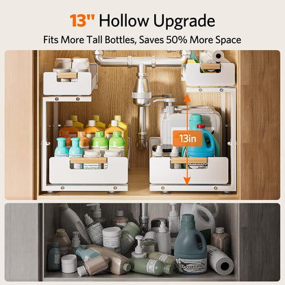 Delamu Under Sink Organizer 2 Pack, Pull Out Cabinet Organizer for Kitchen Sink, 2 Tier Metal Slide Out Shelf Caddy for Bathroom Storage, 5 Adjustable Heights for Pantry & Laundry Room, White