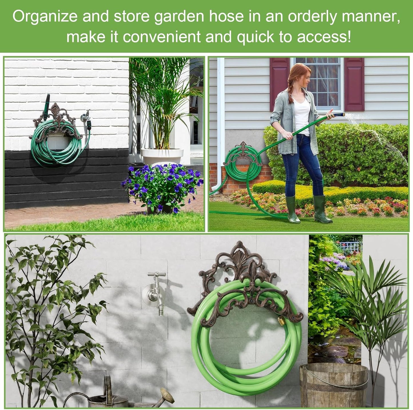 OwnMy Cast Iron Garden Hose Holder Heavy Duty Wall Mount Water Hose Reels Holder, Decorative Water Hose Hanger Garden Hose Storage Organizer Rack for Outdoor Lawn Yard, 10"L x 4.7"W x 6.5"H