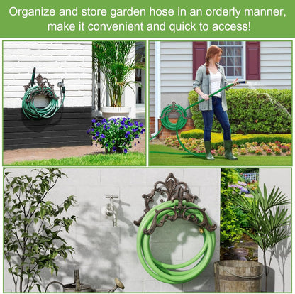 OwnMy Cast Iron Garden Hose Holder Heavy Duty Wall Mount Water Hose Reels Holder, Decorative Water Hose Hanger Garden Hose Storage Organizer Rack for Outdoor Lawn Yard, 10"L x 4.7"W x 6.5"H