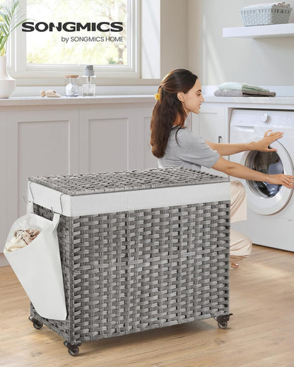 SONGMICS Laundry Hamper with Lid, 37 Gallons (140 L), Rolling Laundry Basket with Wheels, 3-Section Synthetic Rattan, Removable Liner, Bedroom, 26 x 13 x 26 Inches, Gray ULCB363G01