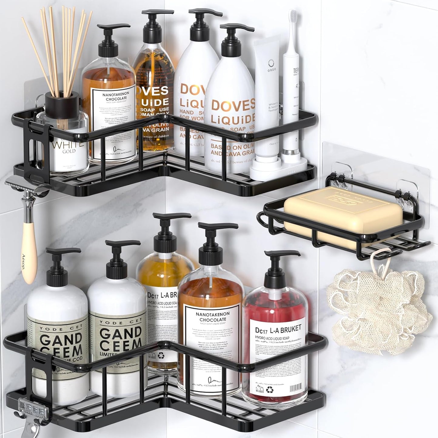 YASONIC Corner Shower Caddy, 5-Pack Adhesive Rustproof Stainless Steel Shower Organizer with Soap Holder, No Drilling Shower Shelf for Inside Shower, Dorm, Renters, Black