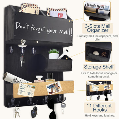 Key Holder for Wall Mount with Shelf and Mail Organizer, Key and Mail Holder with 16 Hooks, Farmhouse Entryway Organizer, Home Decor Rack (Pine Wood, Black)