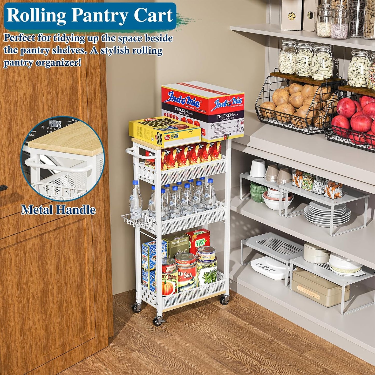 OKZEST Slim Laundry Room Organization Cart with Detergent Dispenser Holder | 4-Tier narrow rolling cart for small space, Holds tall bottles, Upgraded metal hub casters, Premium wood & metal mesh shelves