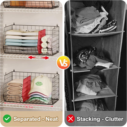 Jautokerdar 4 Tier Hanging Closet Organizer with Dividers,Extra Large Storage Hanging Shelf with 5 S Hooks 4 Dividers,Hang on Wire Closet Shelving Clothes Organizer-Black