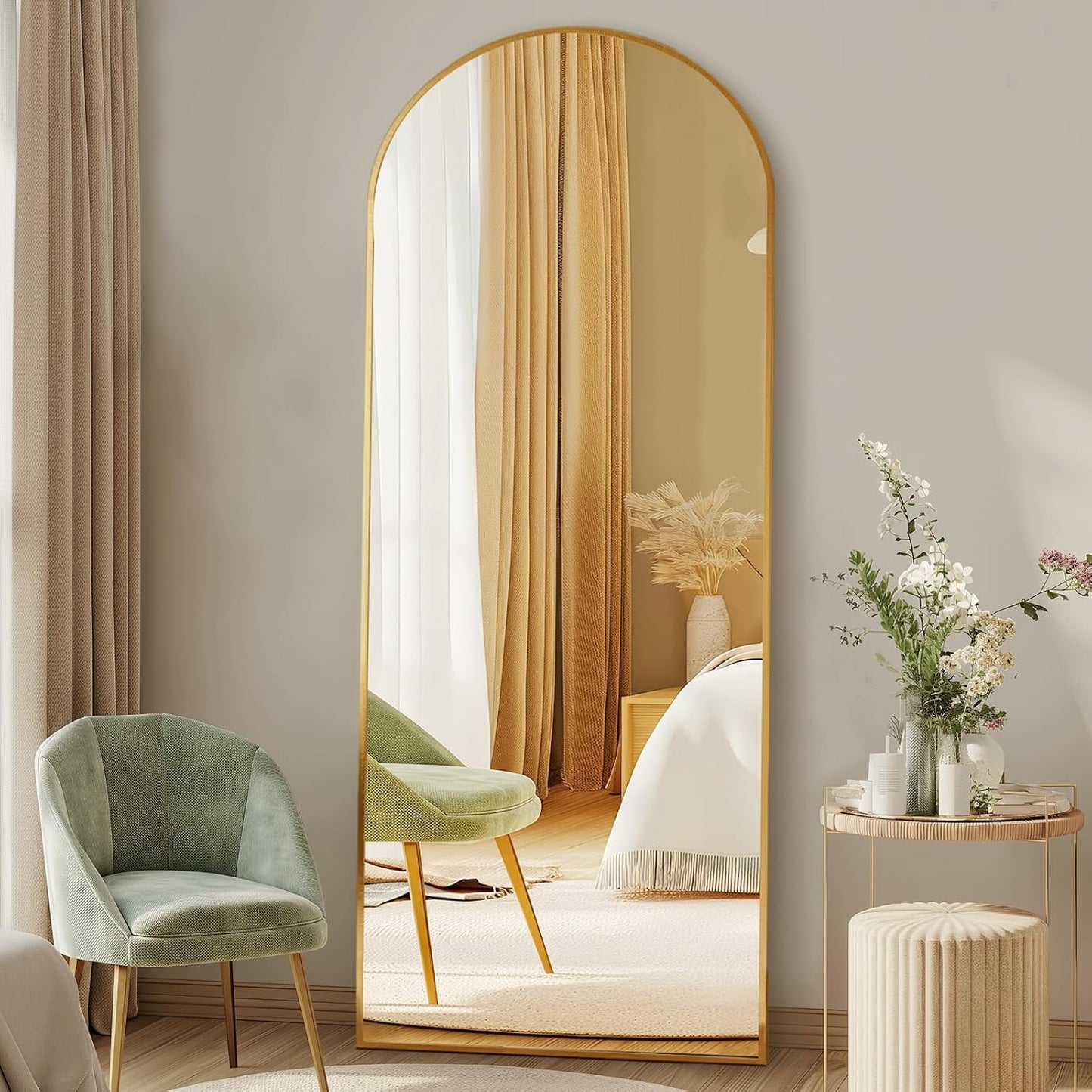 DUMOS 64"x21" Arched Full Length Floor Mirror, Full Body Mirror with Stand, Shatterproof Tempered Glass, Modern Aluminum Alloy Frame, Free Standing or Leaning for Home Decor, Gold