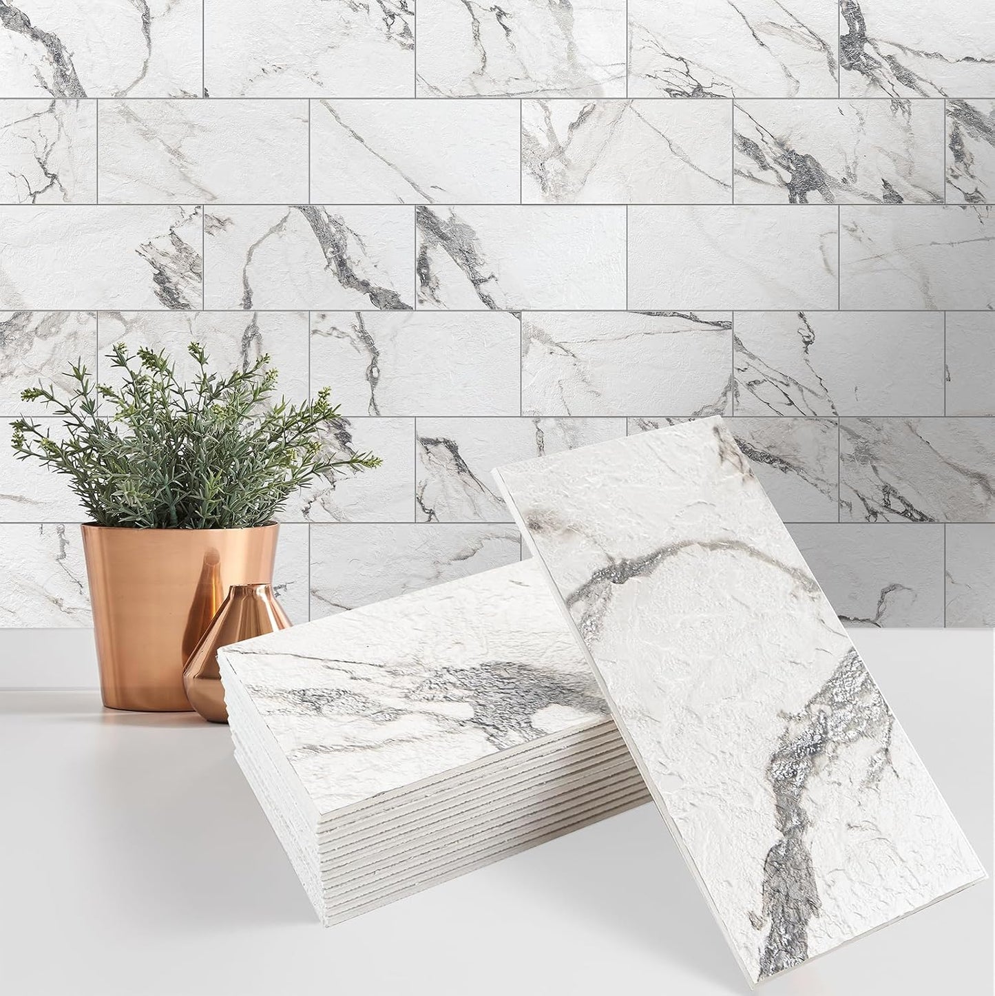 StyloVue 100 Pieces Peel and Stick Backsplash for Kitchen, 3" x 6" PVC Subway Tile, Glossy White with Dark Gray Grout, Self Adhesive Stick on Wall Tiles for Kitchen, Bathroom, Fireplace, RV