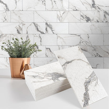 StyloVue 100 Pieces Peel and Stick Backsplash for Kitchen, 3" x 6" PVC Subway Tile, Glossy White with Dark Gray Grout, Self Adhesive Stick on Wall Tiles for Kitchen, Bathroom, Fireplace, RV