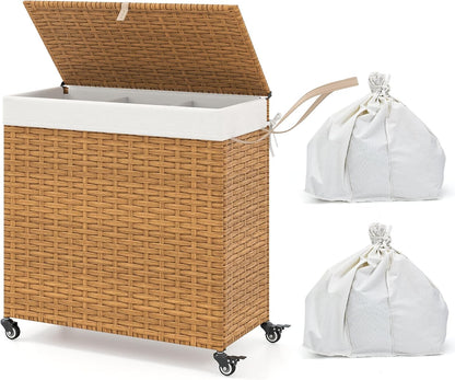 Giantex Laundry Hamper w/Wheels, 3 Section Hamper 125L w/2 Removable Liner Bags, Handwoven Rattan Divided Laundry Basket w/Lid and Handle for Laundry Sorter for Bathroom Bedroom (Brown)