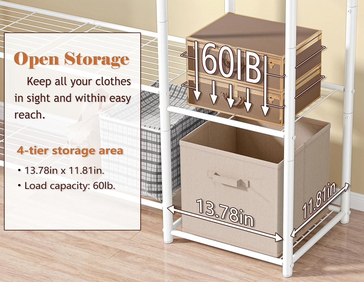 Wardrobe Closet,Portable Clothes Rack with 4 Tiers Shelves,Freestanding Closet Organizers and Storage System with Hanging Rods,Steel Clothing Rack Suitable for Cloakrooms,Bedrooms,Entrances,etc.Black