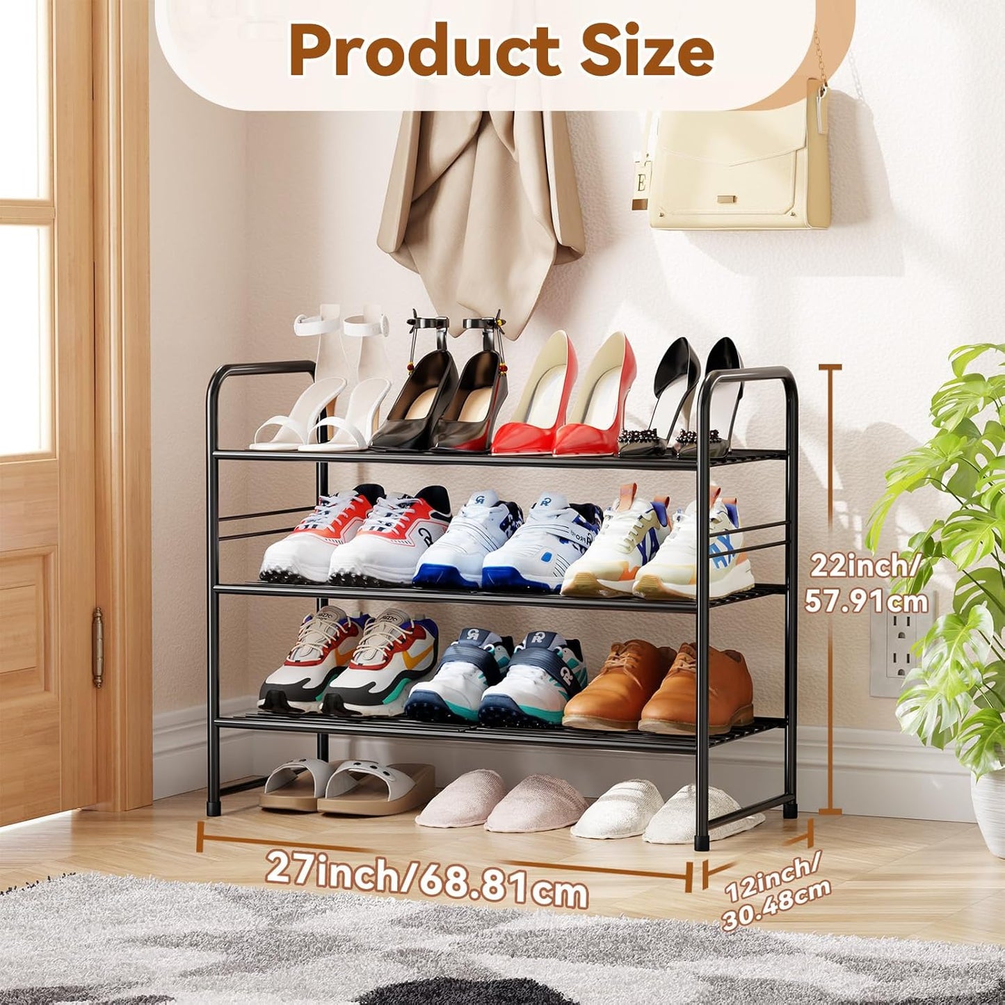 Simple Shoe Rack 2 Tier 27 Inch Wide, Heavy Duty Metal Closet Shoe Organizer Shelf for Entryway, Front Door, Black