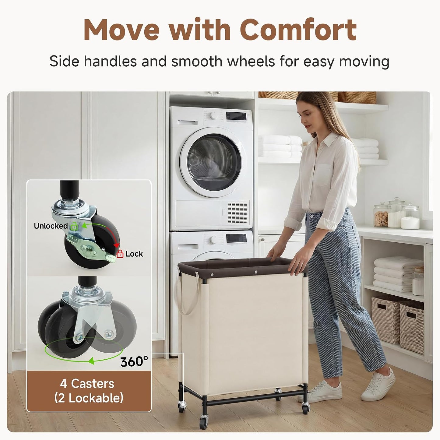 StorageWorks 3 Section Laundry Hamper, Rolling Laundry Cart with Wheels and Handles, Laundry Room Double Sorter for Organizer and Storage, 31.7 Gal(120L), Beige