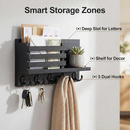 Wall Key Hook, Mail Organizer with 5 Metal Key Hooks, Decorative Key Rack Wall Mount, Tung Wood, 11.8 x 6.7 inches, Includes mounting Hardware (Brown)