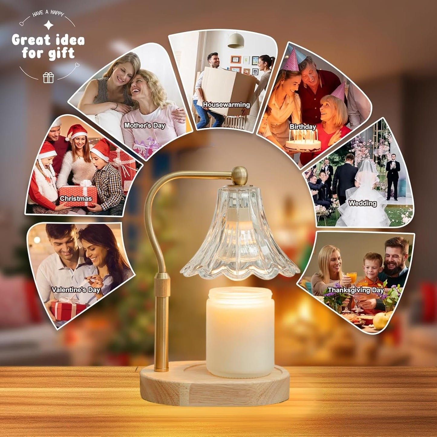 Candle Warmer Lamp – Dimmable Candle Lamp with Timer, Adjustable Height for Jar Candles (Oak)
