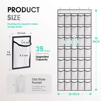 WVM Over the Door Shoe Organizer with 35 Breathable Mesh Pockets, Hanging Shoe Organizer for Door with 4 Metal Hooks, Large Capacity Closet Storage for Shoes, Accessories, Grey