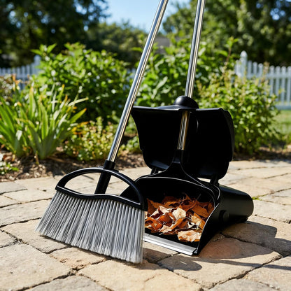 Long Handle Heavy Duty Broom and Dustpan Set, Outdoor and Commercial Upright Dustpan and Brush for Restaurant Garage Garden Yard Office,Black