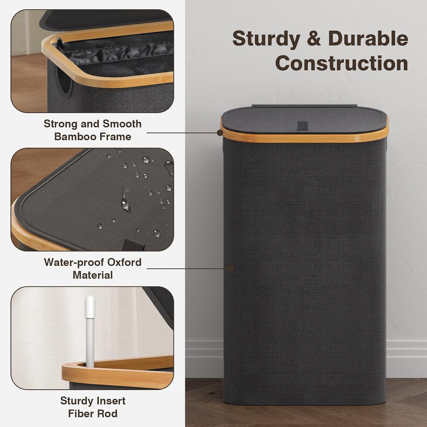 160L Laundry Hamper with Lid, 3 Section Laundry Basket with 3 Removable Bag | Clothes Hampers for Laundry with Bamboo Frame Handle, Large Dirty Clothes Hamper for Laundry Room, Bathroom, Bedroom, Black