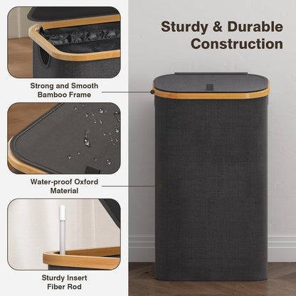160L Laundry Hamper with Lid, 3 Section Laundry Basket with 3 Removable Bag | Clothes Hampers for Laundry with Bamboo Frame Handle, Large Dirty Clothes Hamper for Laundry Room, Bathroom, Bedroom, Black