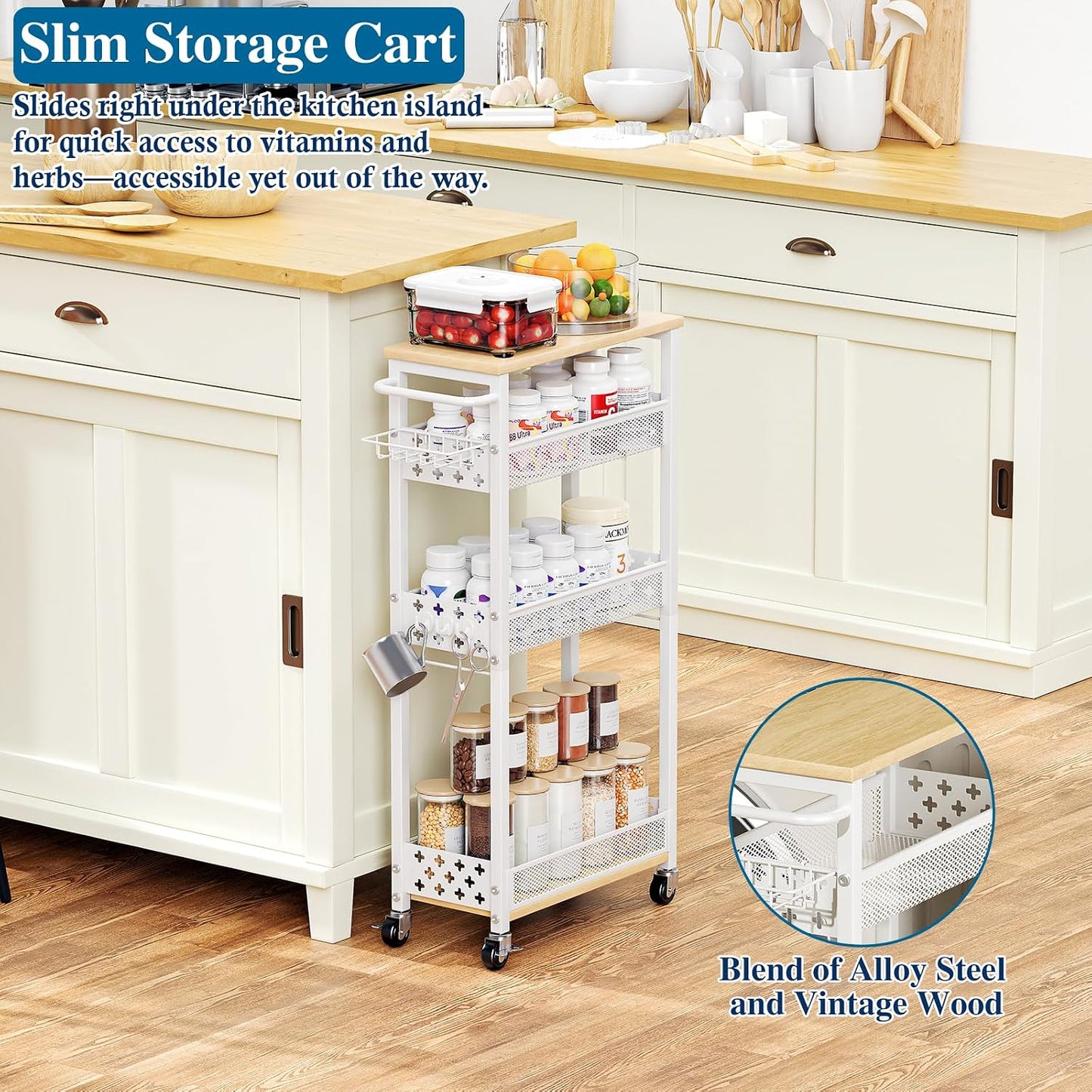 OKZEST Slim Laundry Room Organization Cart with Detergent Dispenser Holder | 4-Tier narrow rolling cart for small space, Holds tall bottles, Upgraded metal hub casters, Premium wood & metal mesh shelves