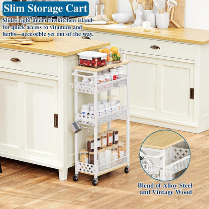 OKZEST Slim Laundry Room Organization Cart with Detergent Dispenser Holder | 4-Tier narrow rolling cart for small space, Holds tall bottles, Upgraded metal hub casters, Premium wood & metal mesh shelves