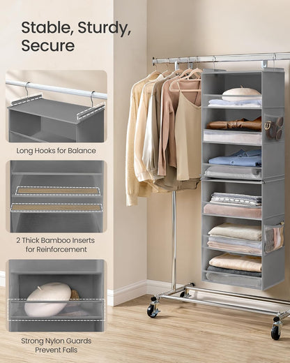 SONGMICS Hanging Closet Organizer, 6-Tier Fabric Storage Shelf, Separable Closet Hanging Shelf with Side Pockets, Foldable, Metal Hooks and Bamboo Inserts, Dove Gray URCH007G01