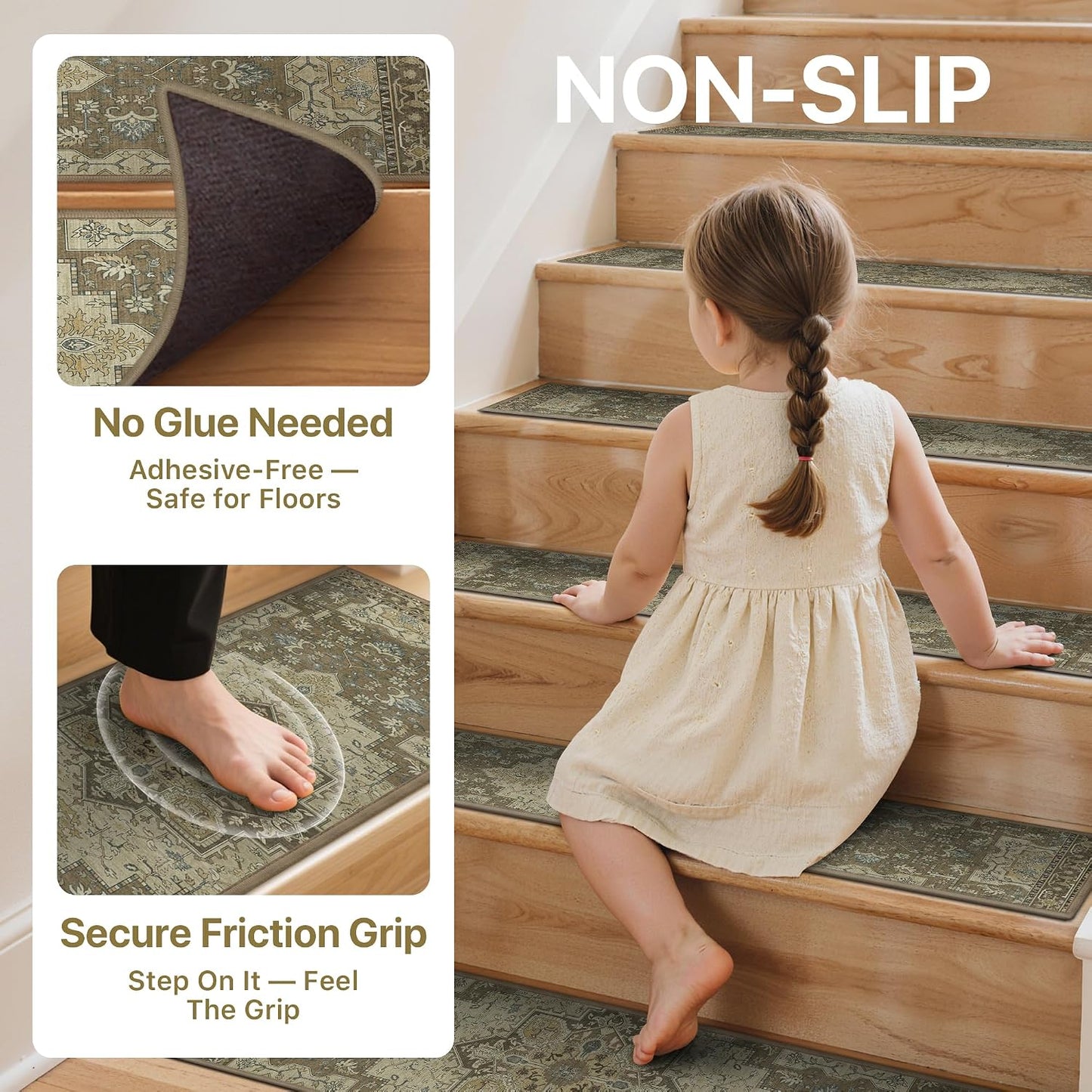 sarben Non Slip Stair Treads for Wooden Steps 15PCS - 8"x30" Indoor Safety Carpet, Edging Mats with TPE Adhesive Backing, Pet and Elderly Friendly Stair Rugs (Taupe) - Colors A