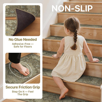 sarben Non Slip Stair Treads for Wooden Steps 15PCS - 8"x30" Indoor Safety Carpet, Edging Mats with TPE Adhesive Backing, Pet and Elderly Friendly Stair Rugs (Taupe) - Colors A