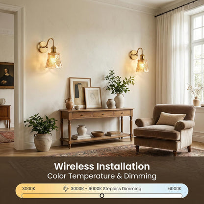 YUNICE Rechargeable Wall Sconces Set of 2 Battery Operated Wall Sconce with Remote Control Dimmable Cordless Wall Lamp with Amber Glass Lampshade Antique Brass Wall Lights for Bedroom Living Room
