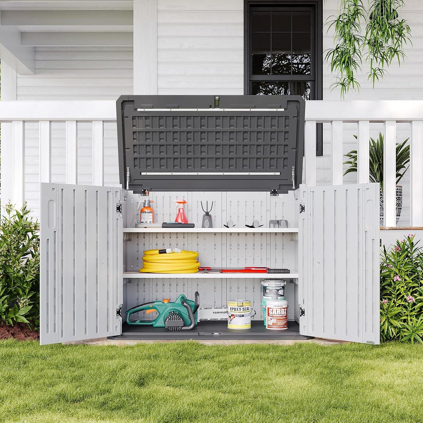 AOXUN Horizontal Storage Sheds 21 Cu.ft, HDPE Outdoor Storage Box 160 Gallon, Waterproof Lockable Resin Deck Box with Spring-Assisted Lid, Patio Storage for Garden, Pool, Cushions, Tools, White