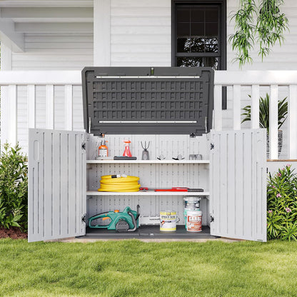 AOXUN Horizontal Storage Sheds 21 Cu.ft, HDPE Outdoor Storage Box 160 Gallon, Waterproof Lockable Resin Deck Box with Spring-Assisted Lid, Patio Storage for Garden, Pool, Cushions, Tools, White