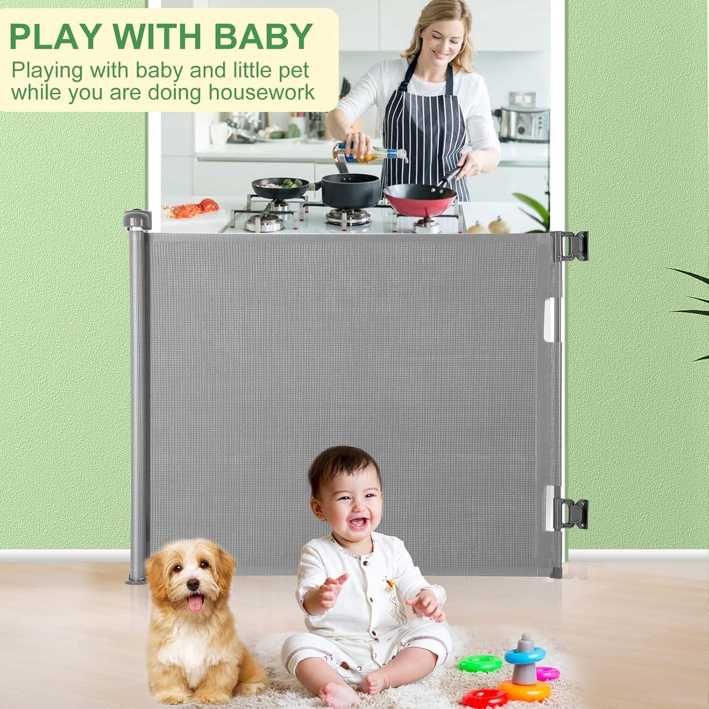 Retractable Baby Gate for Stairs & Doorways, 33" Tall Extends to 71" Wide | Extra Wide Safety Kid Pet Gate, Mesh Dog Gate for Indoor,Outdoor, Hallways One-Handed Operation, Easy Install(33”x71”-Black)