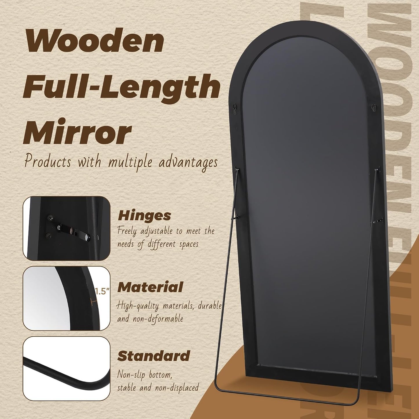 Antok Full Length Mirror with Solid Wood Frame, 71"×32" Wall Mounted Oversized Floor Mirror with Stand, Leaning Standing Hanging for Bedroom Living Room Entryway, Walnut, Arched Syle