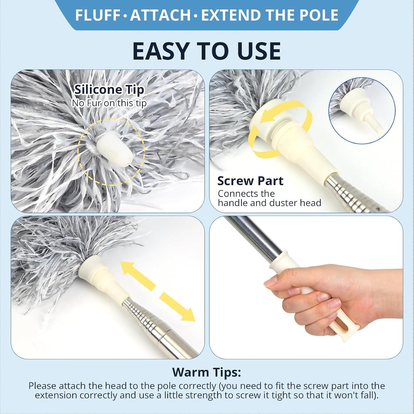 ZZ LAZYCOTTAGE Microfiber Feather Duster for High Reach, Lightweight Ceiling Fan Cleaner, 91.5" Telescopic Pole, Cobweb Duster with Extension Pole for Home & Car