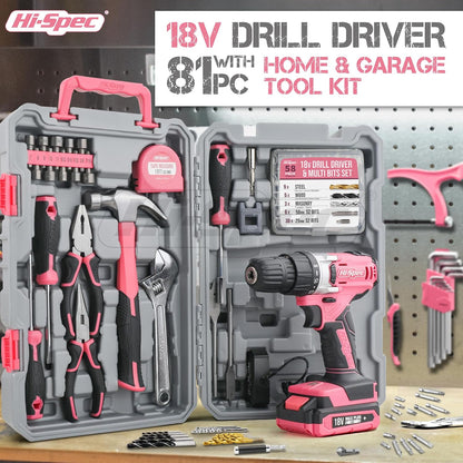 Hi-Spec Tool Kit with 3.6V USB Small Electric Screwdriver Set, Pink Drill Set for Women, Tool Kit for Home