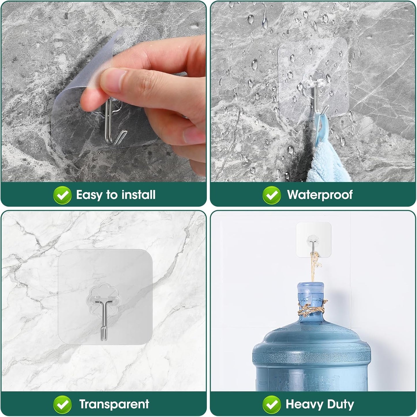 Large Adhesive Hooks for Hanging Heavy Duty 60Ib(Max) 8 Packs, Waterproof & Rustproof Wall Hangers Without Nails for Kitchen, Bathroom, Home, Office, Coat, Towel, Plant, Transparent