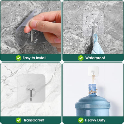 Large Adhesive Hooks for Hanging Heavy Duty 60Ib(Max) 8 Packs, Waterproof & Rustproof Wall Hangers Without Nails for Kitchen, Bathroom, Home, Office, Coat, Towel, Plant, Transparent