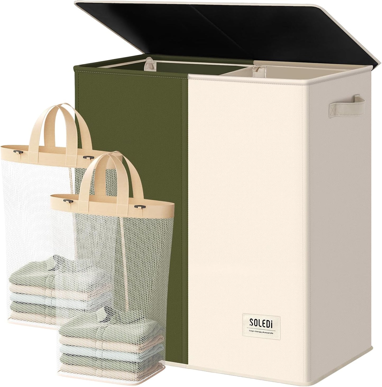 SOLEDI Luxury Double Laundry Hamper with Lid and Removable Bags, 38.3 Gal Large Laundry Bin, Laundry Basket 2 Sections, Collapsible Clothes Hamper for Bedroom, Laundry Room, Bathroom, Off-white