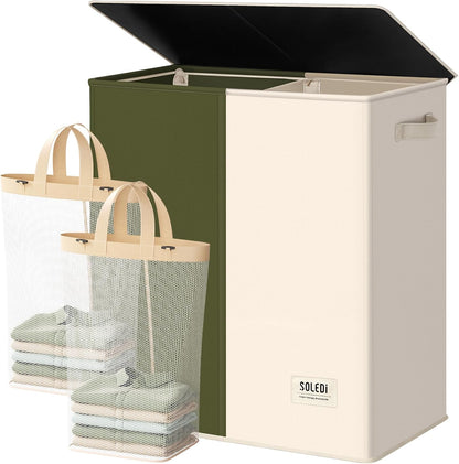 SOLEDI Luxury Double Laundry Hamper with Lid and Removable Bags, 38.3 Gal Large Laundry Bin, Laundry Basket 2 Sections, Collapsible Clothes Hamper for Bedroom, Laundry Room, Bathroom, Off-white