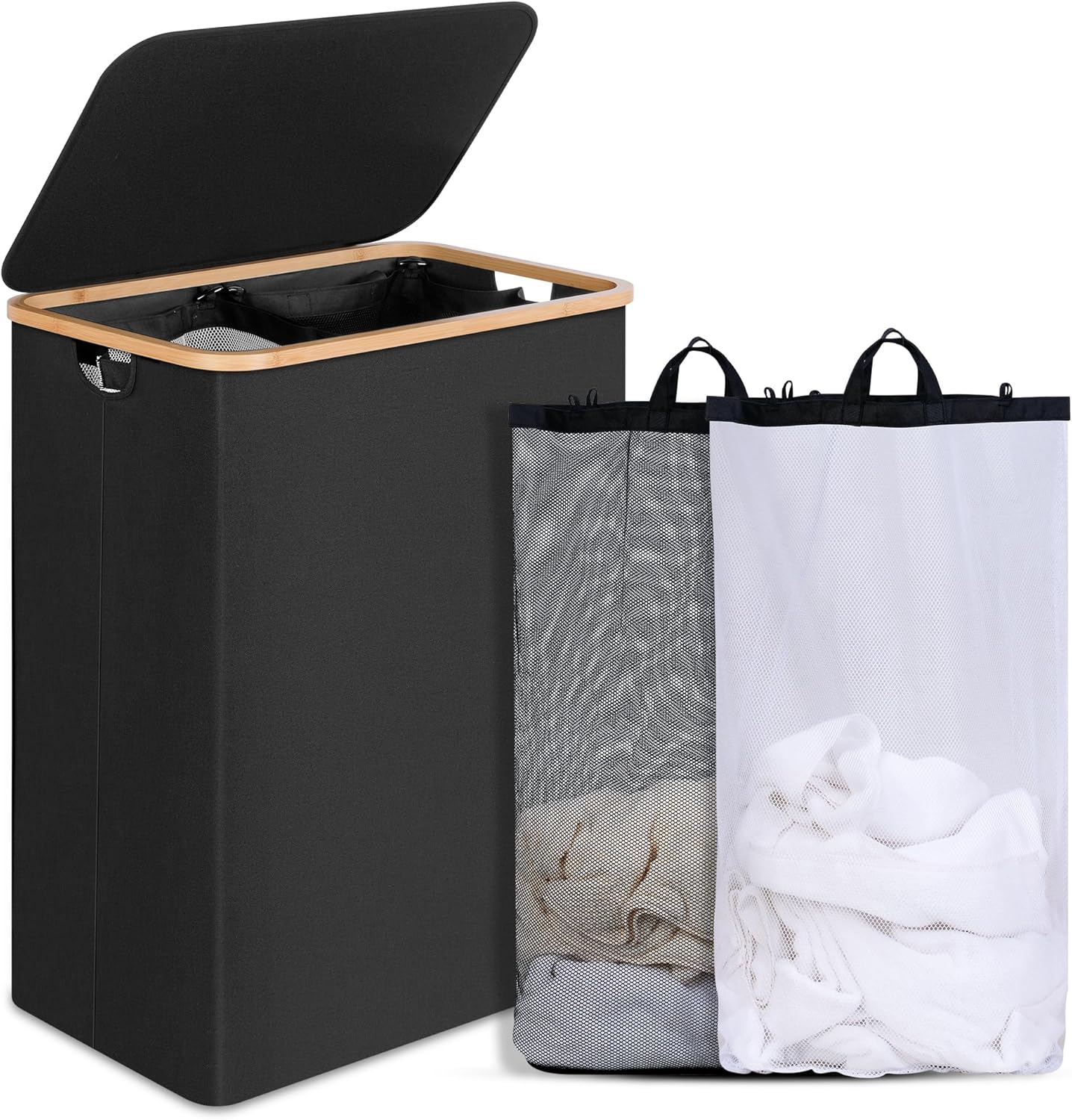 efluky Slim Laundry Basket with Lid, Narrow Laundry Hamper with Removable Bag, Skinny Dirty Clothes Basket with Bamboo Handles for Bathroom, Bedroom & Laundry Room, 75L Beige