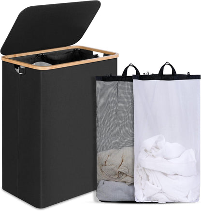 efluky Slim Laundry Basket with Lid, Narrow Laundry Hamper with Removable Bag, Skinny Dirty Clothes Basket with Bamboo Handles for Bathroom, Bedroom & Laundry Room, 75L Beige