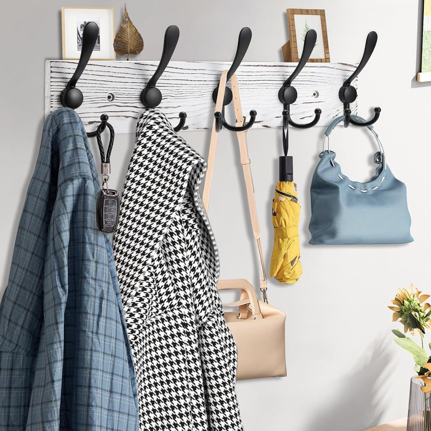Kuhome 2pcs Coat Rack Wall Mount Wooden Hat Rack for Wall Hooks Pine Real Wood Plank 16.9" Brown Coat Hanger with 5 Triple Hooks for Hanging Coat Hat Jacket