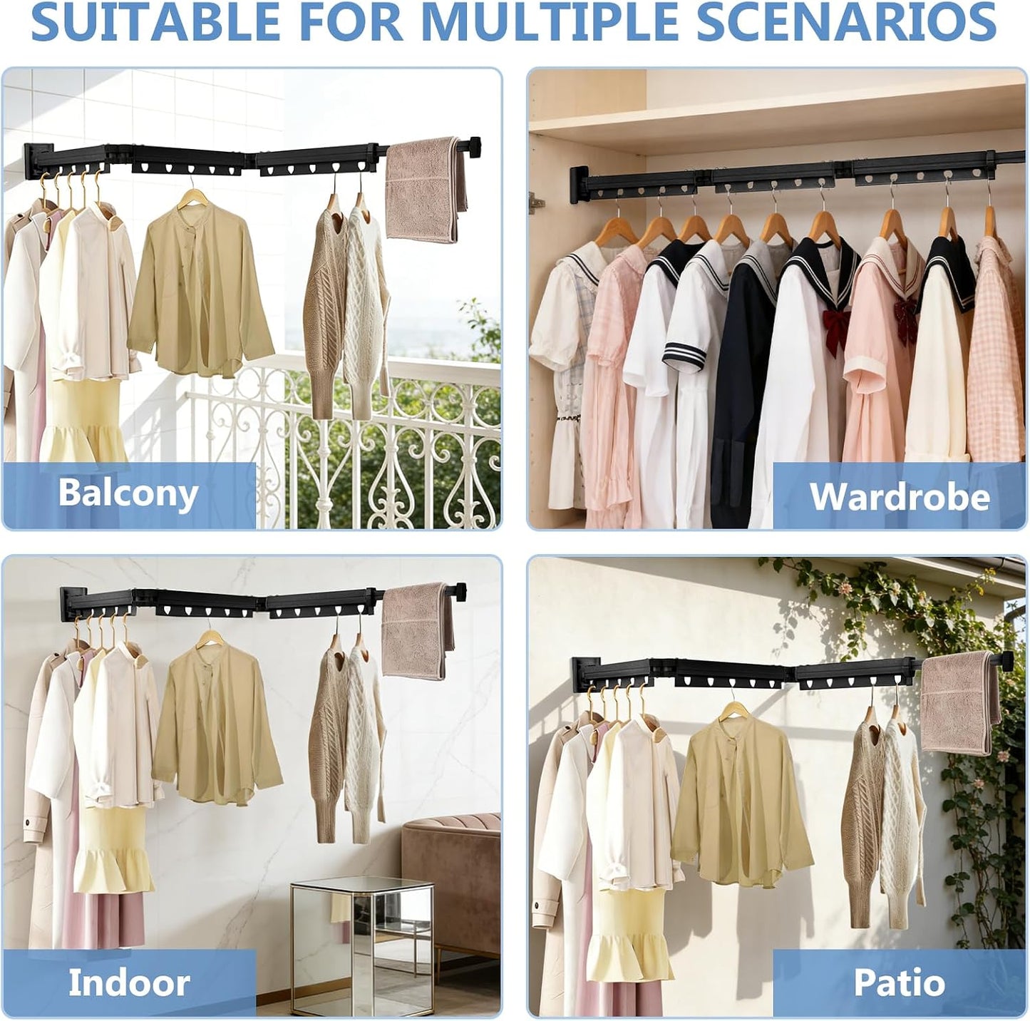 Clothes Drying Rack Wall Mounted with Suction Cup, Drying Racks for Laundry | 3-Fold Laundry Hanger Dryer Rack Space Saver, Retractable Laundry Rack for Mudroom, Wardrobe, Bathroom & Balcony