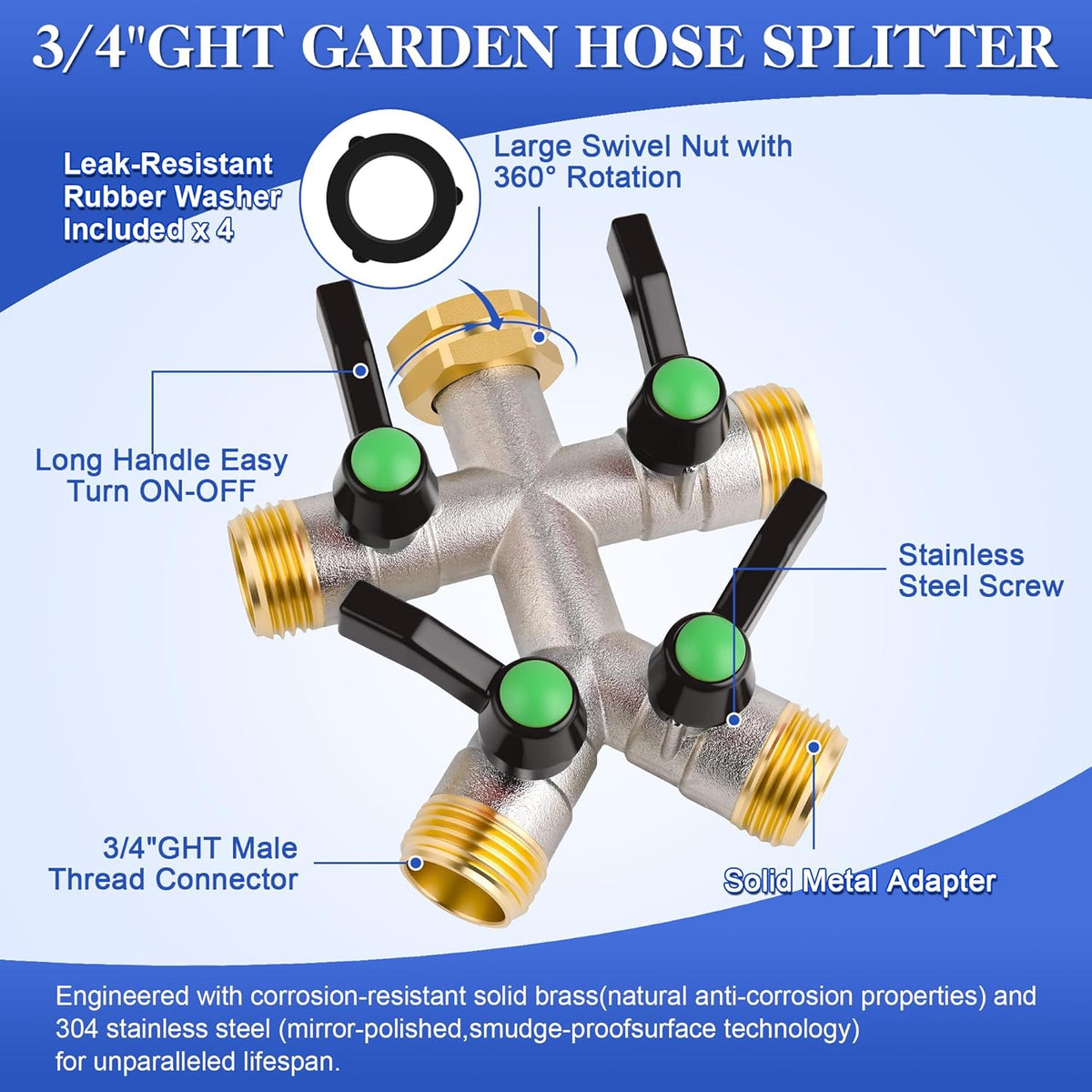 EJW Hose Splitter, 2 Way Hose Splitter, Garden Hose Splitters,Faucet Splitters, Outdoor Faucet Splitter, 2 Way Hose Connector,Brass Splitter, 3/4” GHT Threads.